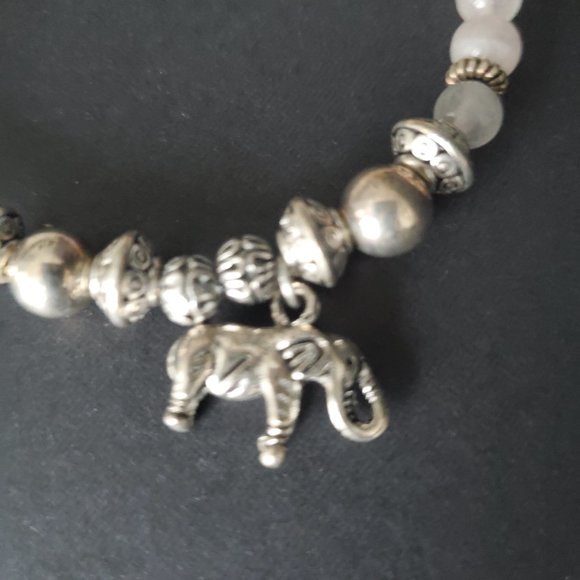 VTG Beaded Boho Bracelet + Elephant Charm Pink Quartz Beads & Rustic Silver - Picture 2 of 6